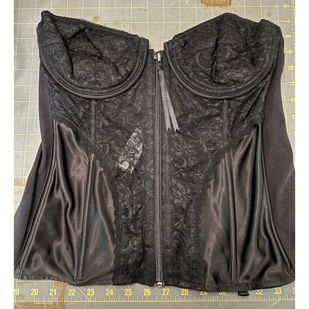 Vintage Carnival Black Lace Bustier Corset Top 40B Zip Front Low Back Bra Padded